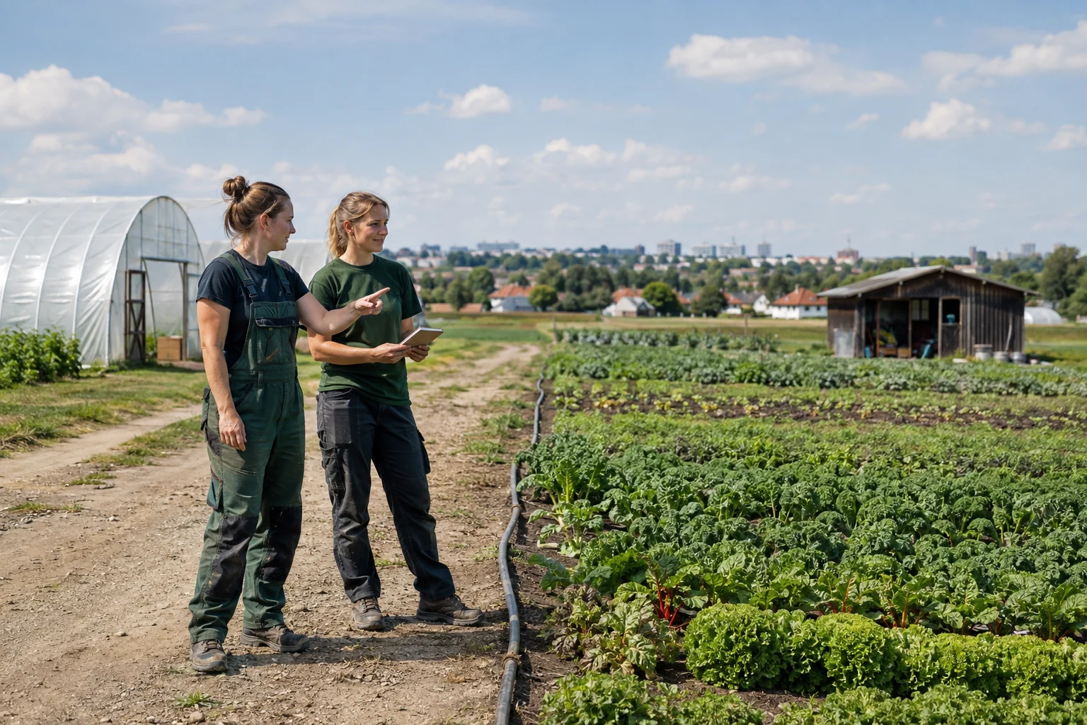 Zwei Landwirtinnen besichtigen eine Gemüsebaufläche am Wiener Stadtrand